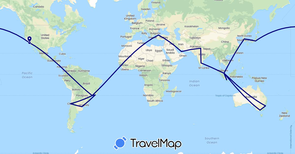 TravelMap itinerary: driving in United Arab Emirates, Argentina, Australia, Brazil, Chile, Indonesia, India, Japan, South Korea, Singapore, Turkey, United States (Asia, North America, Oceania, South America)